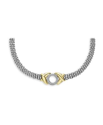 Lagos 18K Yellow Gold & Sterling Silver Embrace Diamond Xo Caviar Bead Collar Necklace, 18