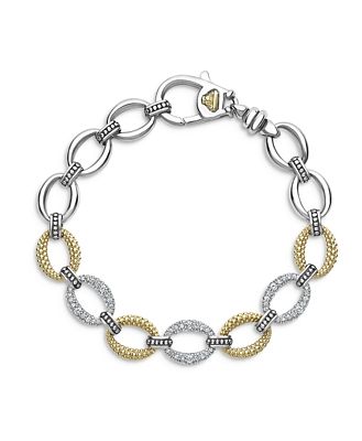 Lagos Stainless Steel & 18K Yellow Gold Caviar Luxe Diamond Link Bracelet