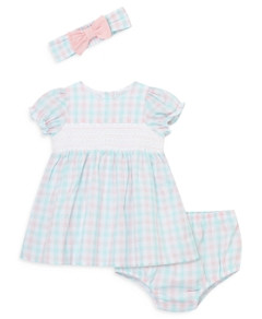 Little Me Baby Girls' Bow Check Headband, Smocked Check Dress, & Check Bloomers Set - Baby