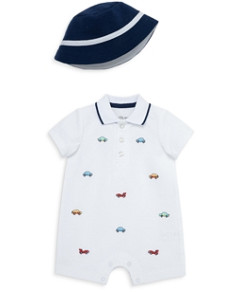 Little Me Boys' Cotton Cars Romper with Hat - Baby