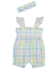 Little Me Girls' Cotton Check Bubble Romper with Headband - Baby