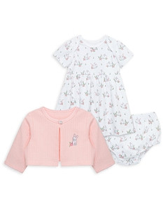 Little Me Girls' Sweet Bunny Cotton Cardigan, Dress & Bloomers Set - Baby