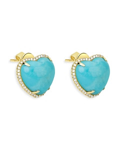 Meira T 14K Yellow Gold Turquoise & Diamond Heart Stud Earrings