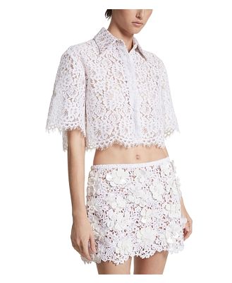 Michael Kors Collection Corded Lace Cropped Short Sleeve Button Down Shirt
