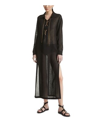 Michael Kors Collection Garza Crepe Sheer Linen Lace Up Midi Dress