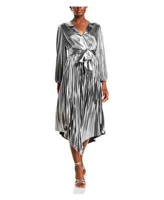 Milly Liora Pleated Metallic Plunge Neckline Dress