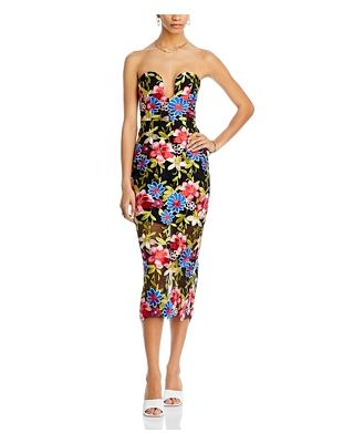 Milly Strapless Embroidered Floral Midi Dress