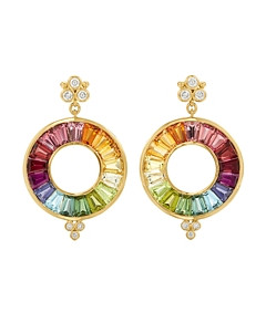 Temple St. Clair 18K Yellow Gold High Color Wheel Halo Drop Earrings with Rainbow Gemstones & Diamonds