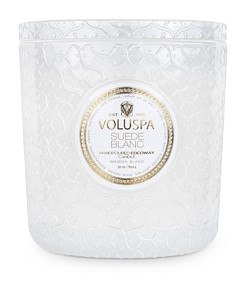 Voluspa Suede Blanc Embossed Glass Triple Wick Luxe Candle 30 oz.