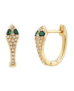 Zoe Lev 14K Yellow Gold Diamond & Emerald Snake Huggie Hoop Earrings