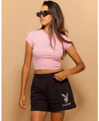 Playboy Women's Bunny Diamante Track Shorts in Black