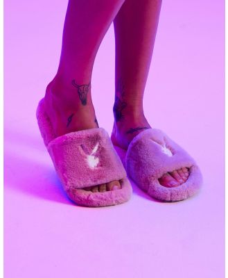 Playboy Women's Fuzzy Bunny Slides Sandals in Pink
