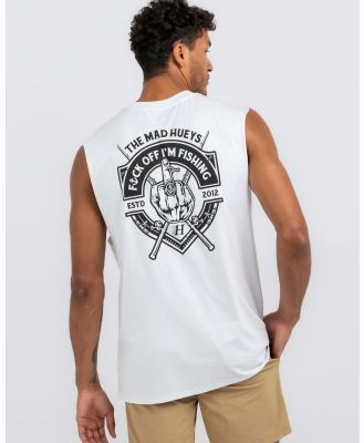 The Mad Hueys Men's Fk Off I'm Fishing Muscle Tank Top in White