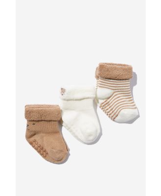 Cotton On Kids - 3Pk Terry Baby Socks - Oat milk/bear