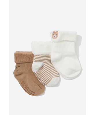 Cotton On Kids - 3Pk Terry Baby Socks - Taupy brown