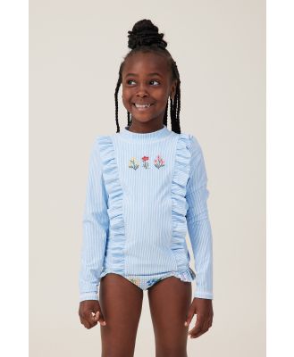 Cotton On Kids - Hamilton Long Sleeve Rashie - Sky haze stripe/floral embroidery