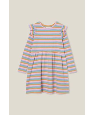 Cotton On Kids - Indie Ruffle Long Sleeve Dress - Retro rainbow stripe rib