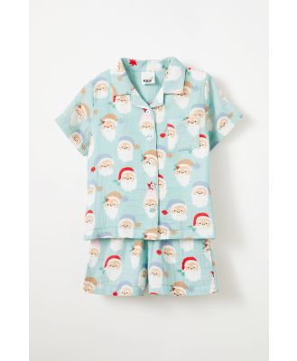 Cotton On Kids - Kids Extended Sizes Short Sleeve Pyjama Set - Barber blue/santa faces