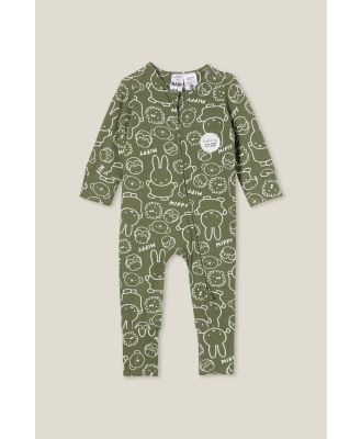 Cotton On Kids - Miffy The Long Sleeve Zip Romper License - Lcn mif swag green/miffy friends stamp