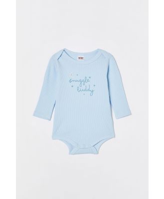 Cotton On Kids - Organic Pointelle Long Sleeve Bubbysuit - White water blue/snuggle buddy