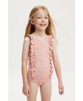 Cotton On Kids - Riley Ruffle One Piece - Orange coral/mimi ditsy