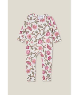 Cotton On Kids - The Long Sleeve Zip Romper - Vanilla/blush pink folkie print