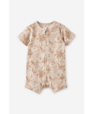 Cotton On Kids - The Short Sleeve Zip Romper - Taupy brown/dino night