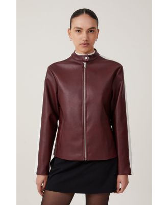 Cotton On Women - Nova Faux Leather Moto Jacket - Ivy/ berry stripe