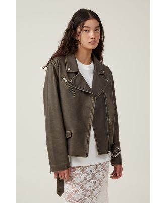 Cotton On Women - Roman Faux Leather Biker Jacket - Washed brown