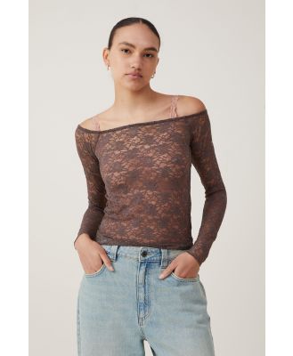Cotton On Women - Shae Lace Off The Shoulder Long Sleeve - Dark mauve
