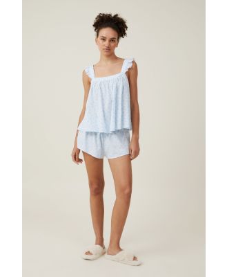 Body - Linen Blend Ruffle Tank And Short Set - Rosie floral blue/lace tri