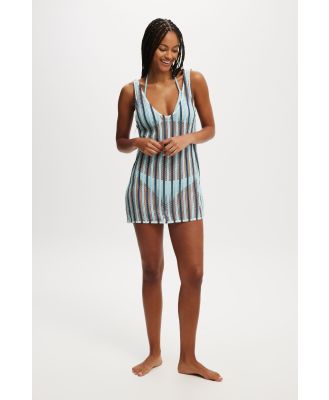 Body - Open Mesh V Front Beach Mini Dress - Blue stripe/open mesh