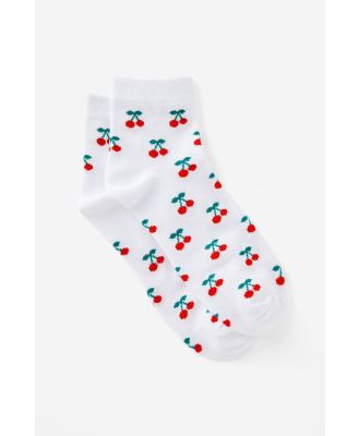 Factorie - Girls Everyday Quarter Sock - White w cherries