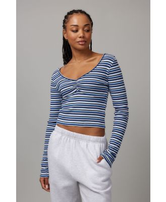 Factorie - Mia Gathered V Neck Long Sleeve - Blue multi stripe