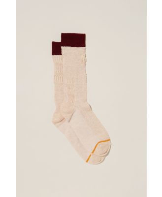 Rubi - Textured Crew Sock - Ecru/orange stripe