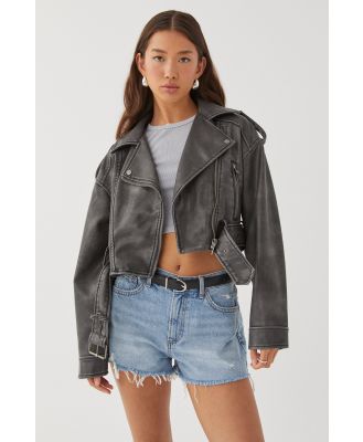Supré - Faux Leather Oversized Biker Jacket - Black distressed