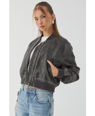 Supré - Faux Leather Rib Collar Bomber Jacket - Black distressed