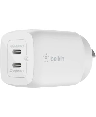 Belkin BoostCharge Pro 65W Dual USB-C GaN Wall Charger with PPS and PD (White)