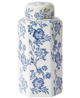 Claymont Flowers Hex Ginger Jar Blue And White 13X12X27cm