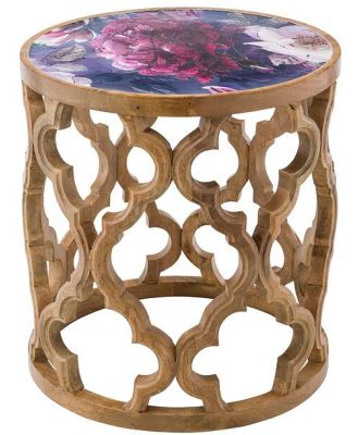 Eco Sole Peony Flower Carved Round Side Table Large 45.7x48.2cm