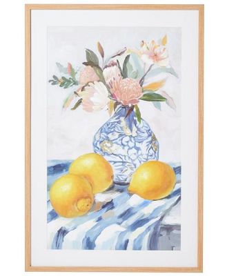 Still Life Floral with Lemons Framed Glass Print 80x120cm