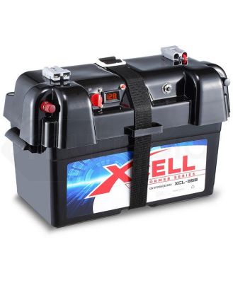 X-CELL Battery Box for Deep Cycle Batteries, with 12V and 2x USB, for Caravan Boat Camper Trailer