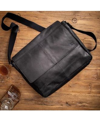 Black Leather 'East West' Messenger Bag with Monogram