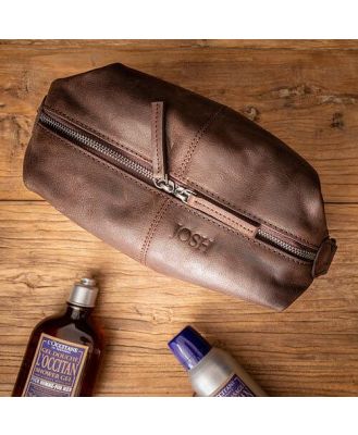 Brown Leather Toiletries Bag with Personalised Monogram