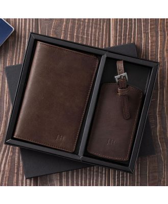 Men's Brown Personalised Passport & Luggage Travel Set