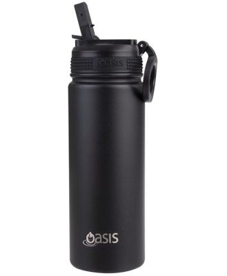 Oasis Stainless Steel Double Wall Insulated Challenger Sports Bottle with Sipper Straw (550ml) Black