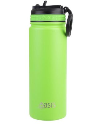 Oasis Stainless Steel Double Wall Insulated Challenger Sports Bottle with Sipper Straw (550ml) Neon Green
