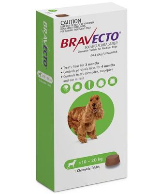 Bravecto Medium Dog Green 10-20kg Single Chew Flea & Tick Control -