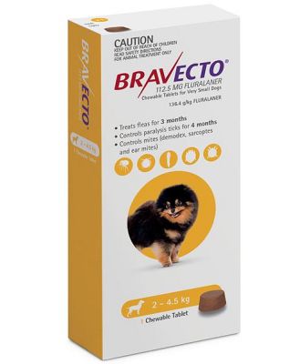 Bravecto Very Small Dog Yellow 2-4.5kg Single Chew Flea & Tick Control - Extra