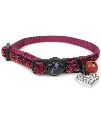 Cattitude Ruby Sparkle Cat Collar with Breakaway Safety Clip, Bell & Diamante Heart
